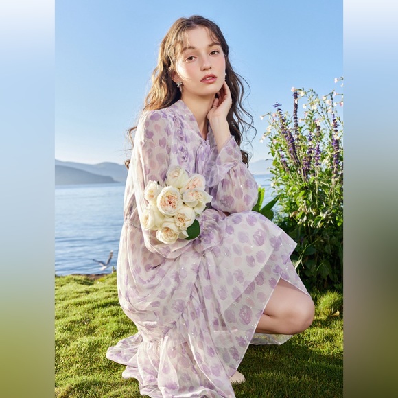 NWT Bow Tie Neck Floral Print Button Front Ruffle Hem A-line Dress Lilac Size S - Picture 3 of 16